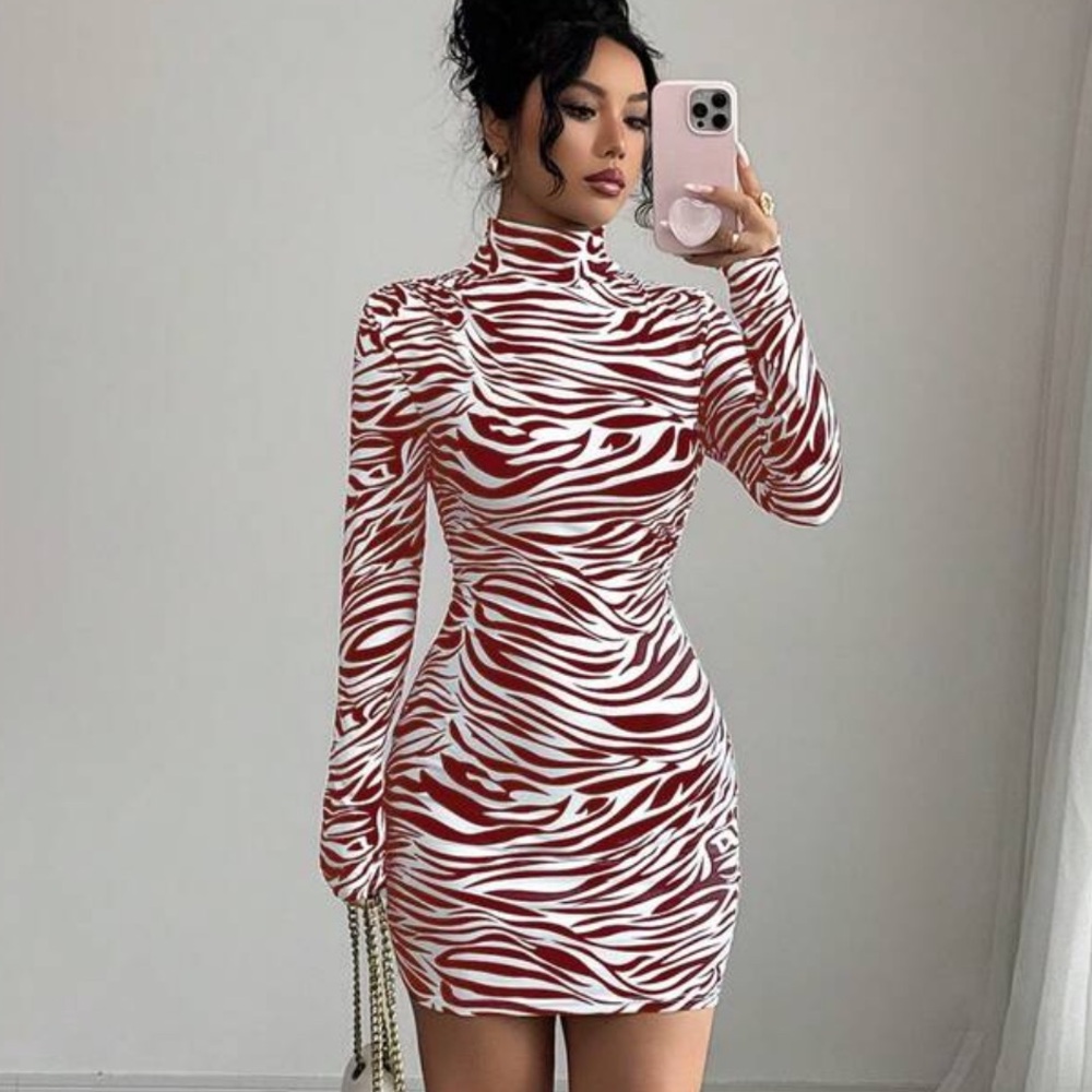 High Neck Long Sleeve Zebra Bodycon Dress in White & Burgundy - Picture 2 of 6